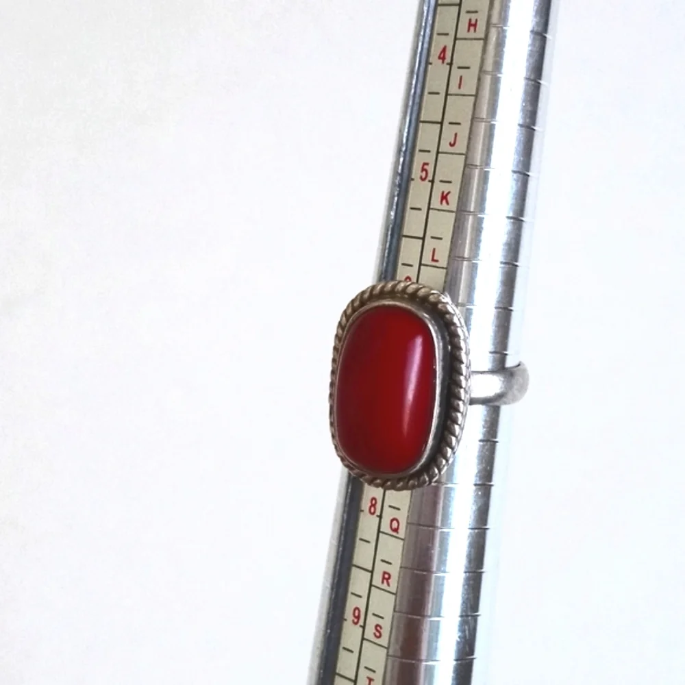 Vintage Red Coral Gemstone 925 Sterling Silver Ring from India Size 7